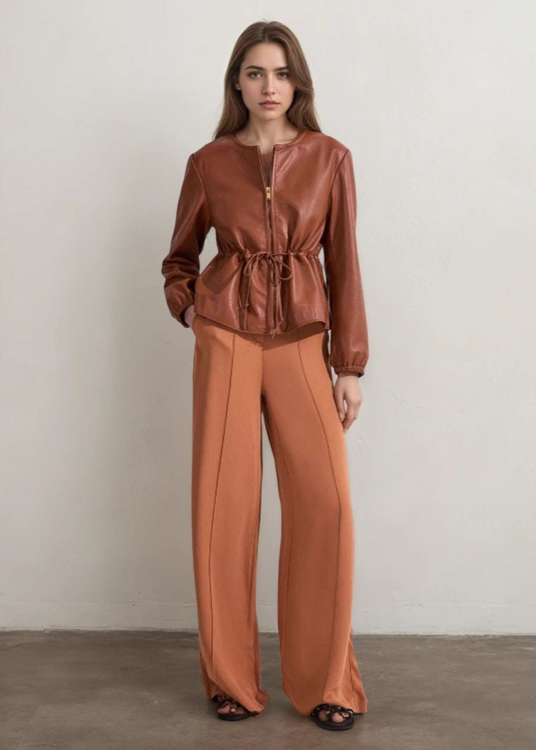 Faux Leather Zip Jacket With Drawstring Waist