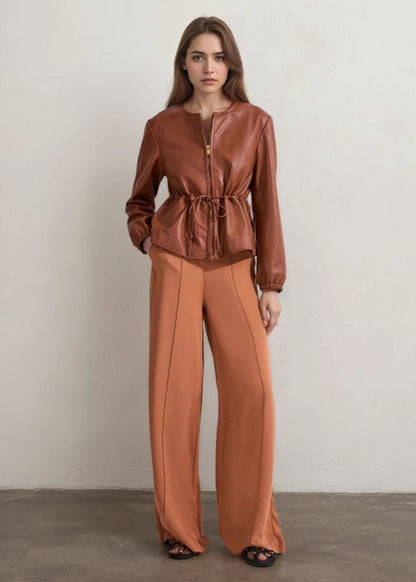 Faux Leather Zip Jacket With Drawstring Waist