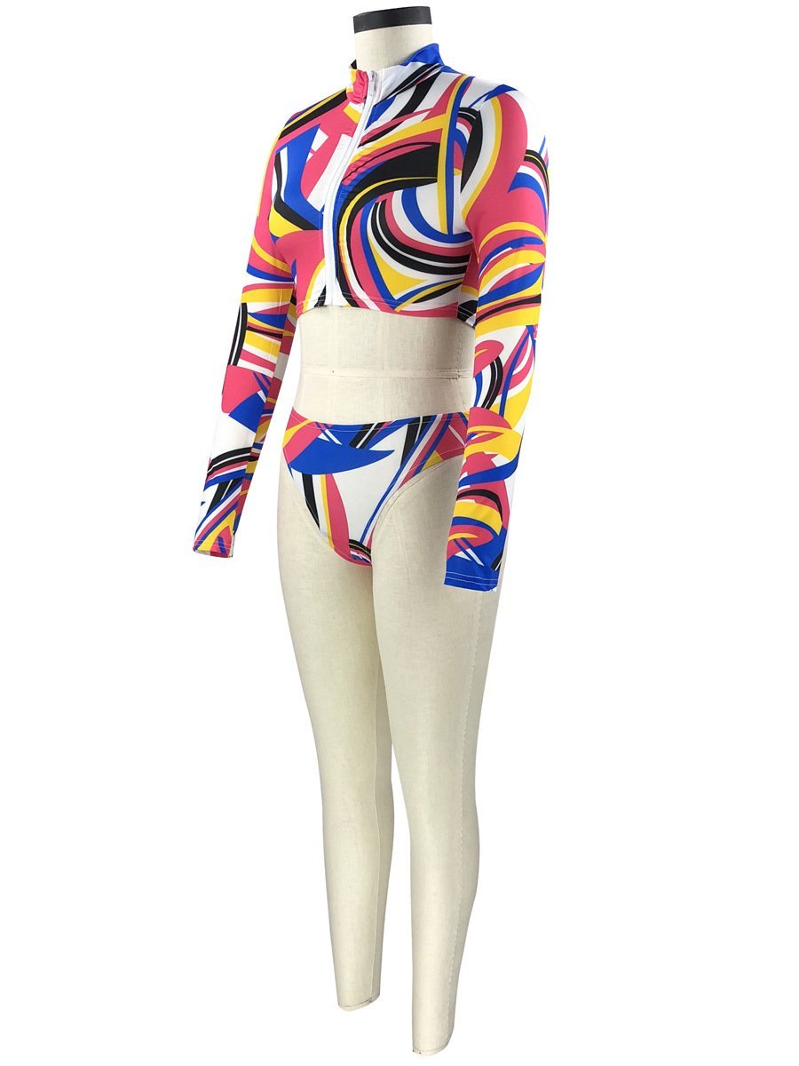 Conservative Printed Bikini Women'S Split Long Sleeve Swimsuit 3-Piece Tankini Set 12