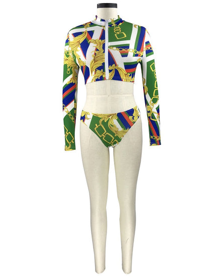 Conservative Printed Bikini Women'S Split Long Sleeve Swimsuit 3-Piece Tankini Set 34