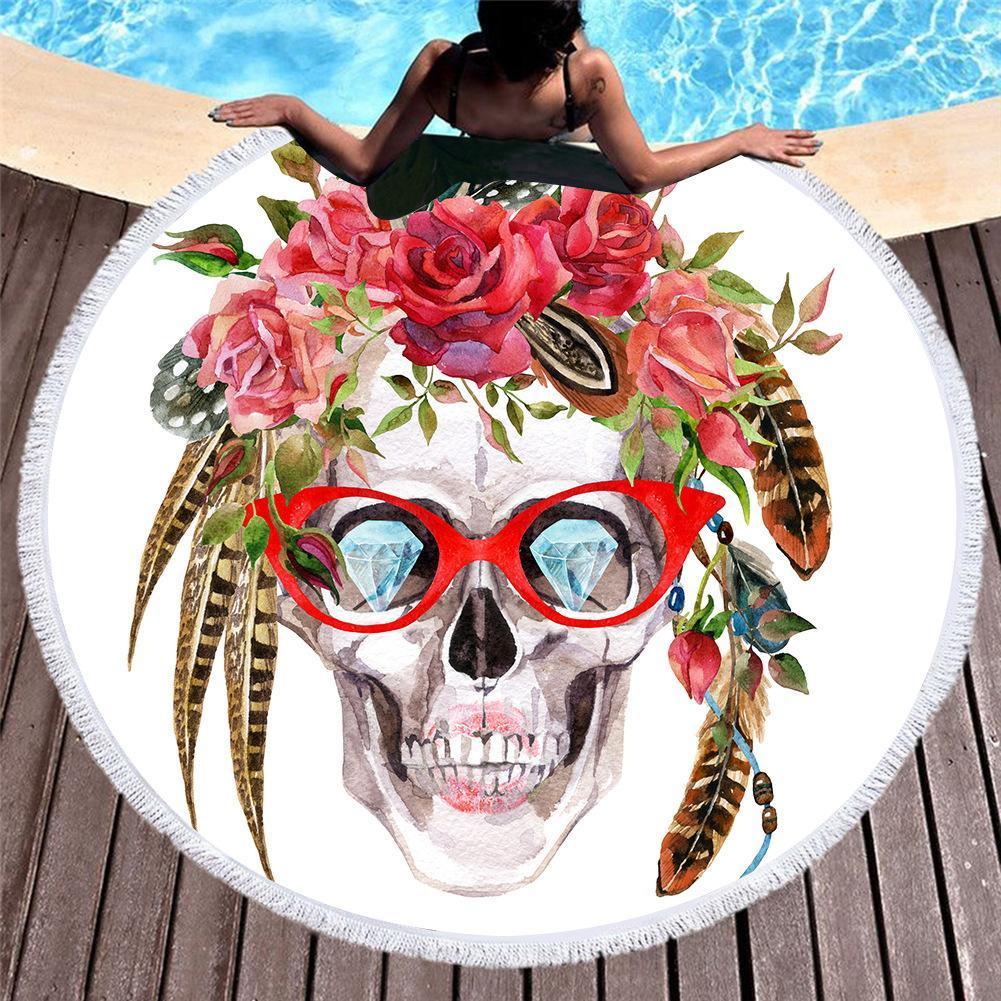 Boho Skull Floral Print Round Yoga Mat Print Tassel Summer Beach Towel