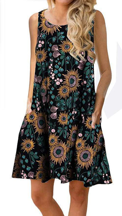 Spring / Summer Sleeveless Pullover Element Printed Pocket Swing Vest Dress-1