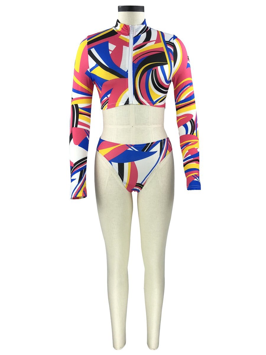 Conservative Printed Bikini Women'S Split Long Sleeve Swimsuit 3-Piece Tankini Set 12