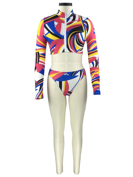 Conservative Printed Bikini Women'S Split Long Sleeve Swimsuit 3-Piece Tankini Set 910