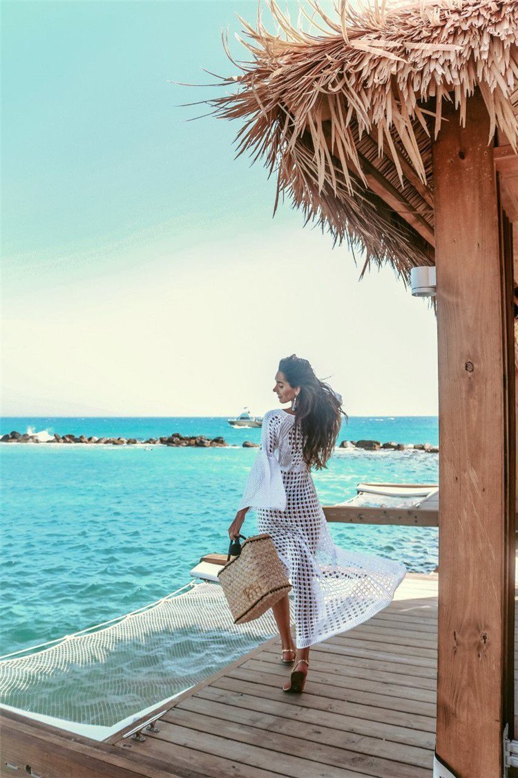 White Sexy Empire Hollow Beach Cover-Ups Dress