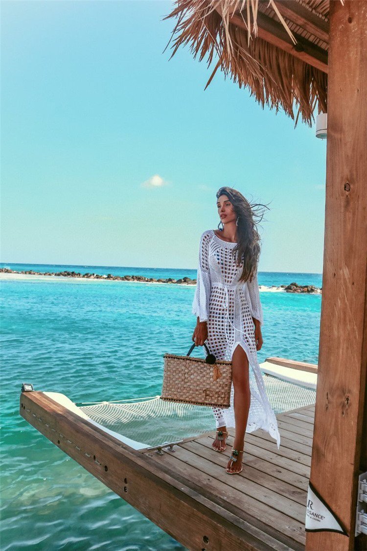 White Sexy Empire Hollow Beach Cover-Ups Dress