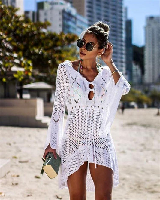 Flared Sleeves Hollow Crochet Swimwear Cover-Ups Mini Dress