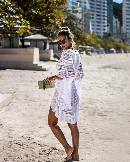 Flared Sleeves Hollow Crochet Swimwear Cover-Ups Mini Dress