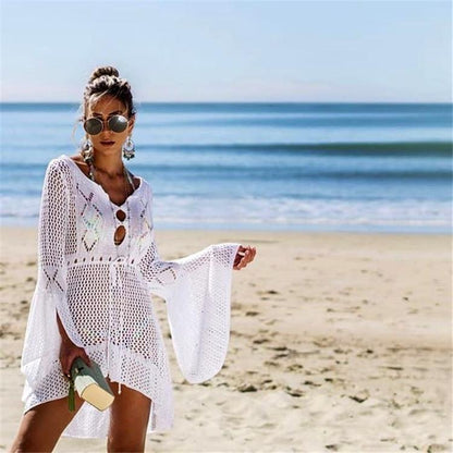 Flared Sleeves Hollow Crochet Swimwear Cover-Ups Mini Dress