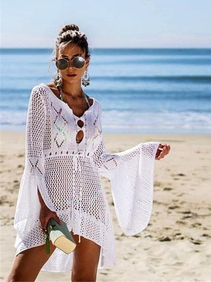 Flared Sleeves Hollow Crochet Swimwear Cover-Ups Mini Dress