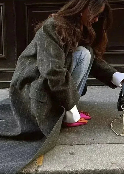 Long Woolen Coat Pinstripe Tailored Fit Gray