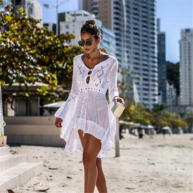 Flared Sleeves Hollow Crochet Swimwear Cover-Ups Mini Dress