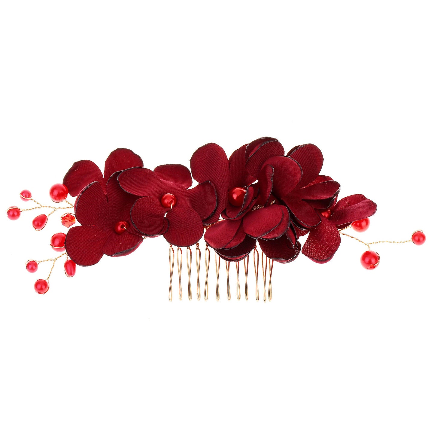 Bridal Red Flower Fabric Pearl Hair Comb Wedding Accessory
