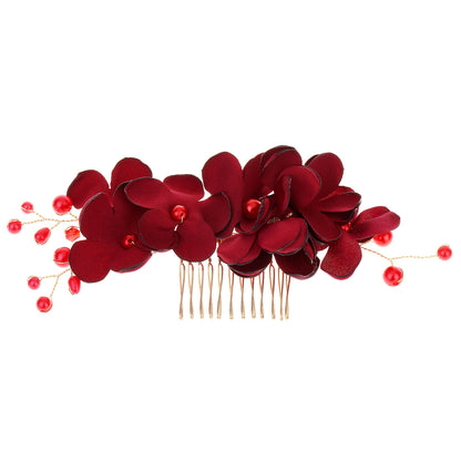 Bridal Red Flower Fabric Pearl Hair Comb Wedding Accessory