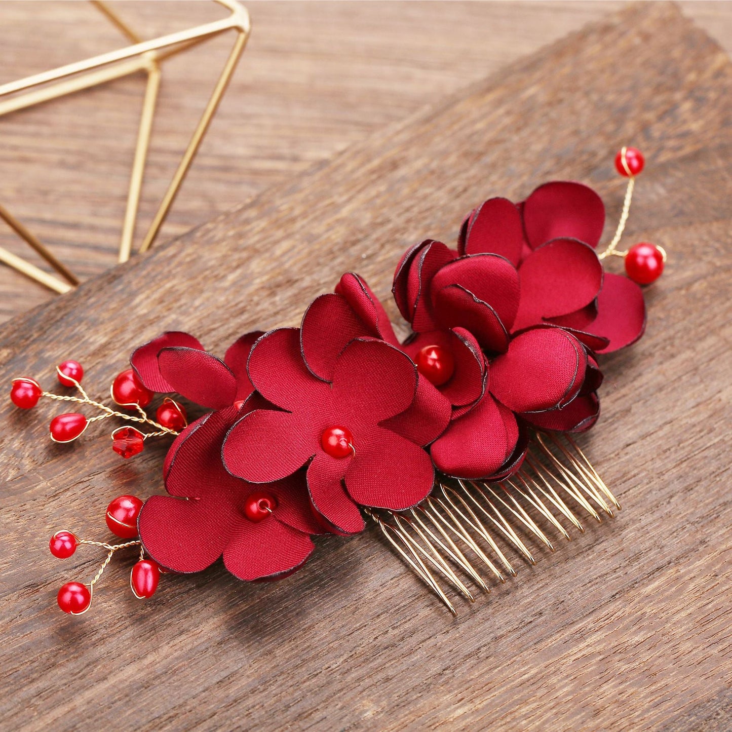Bridal Red Flower Fabric Pearl Hair Comb Wedding Accessory