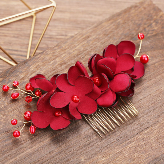 Bridal Red Flower Fabric Pearl Hair Comb Wedding Accessory
