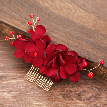Bridal Red Flower Fabric Pearl Hair Comb Wedding Accessory