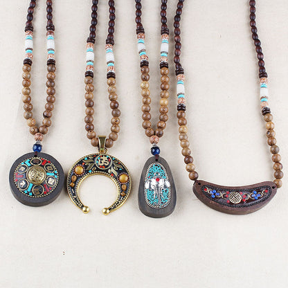 Ethnic Retro Wooden Beads Necklace Nepal Style Handmade Creative Pendants Jewelry Accessories