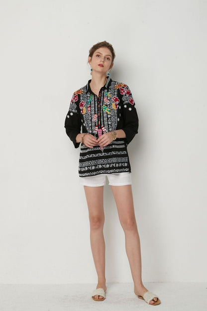 Casual V-Neck Floral Print Boho Blouses Tops