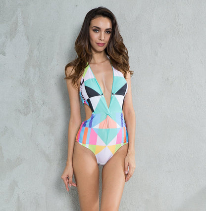 New Contrast Color Geometric Print One-Piece Swimsuit