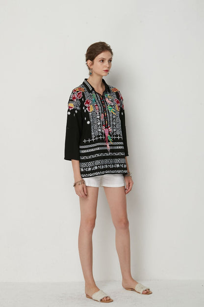 Casual V-Neck Floral Print Boho Blouses Tops