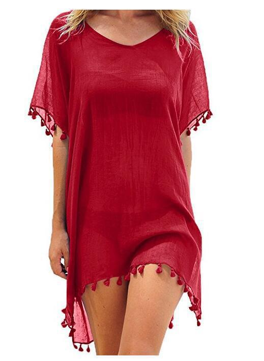 Crewneck Chiffon Fringed Dress Loose Fit Beach Blouse