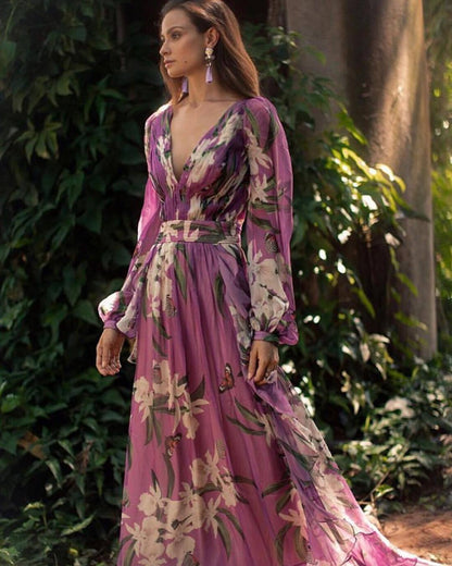 2021 Summer Women'S Floral Collar Long Sleeve Printed Big Swing Dress New
