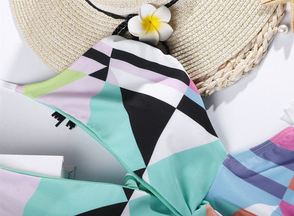 New Contrast Color Geometric Print One-Piece Swimsuit
