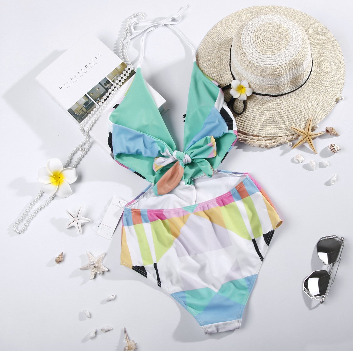 New Contrast Color Geometric Print One-Piece Swimsuit