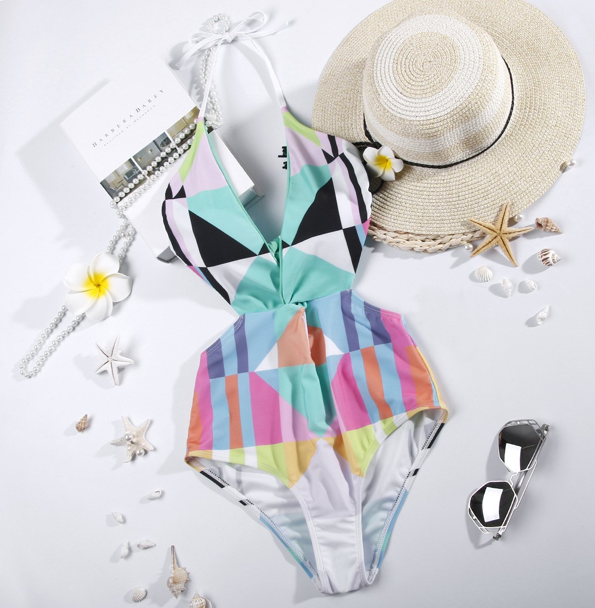 New Contrast Color Geometric Print One-Piece Swimsuit