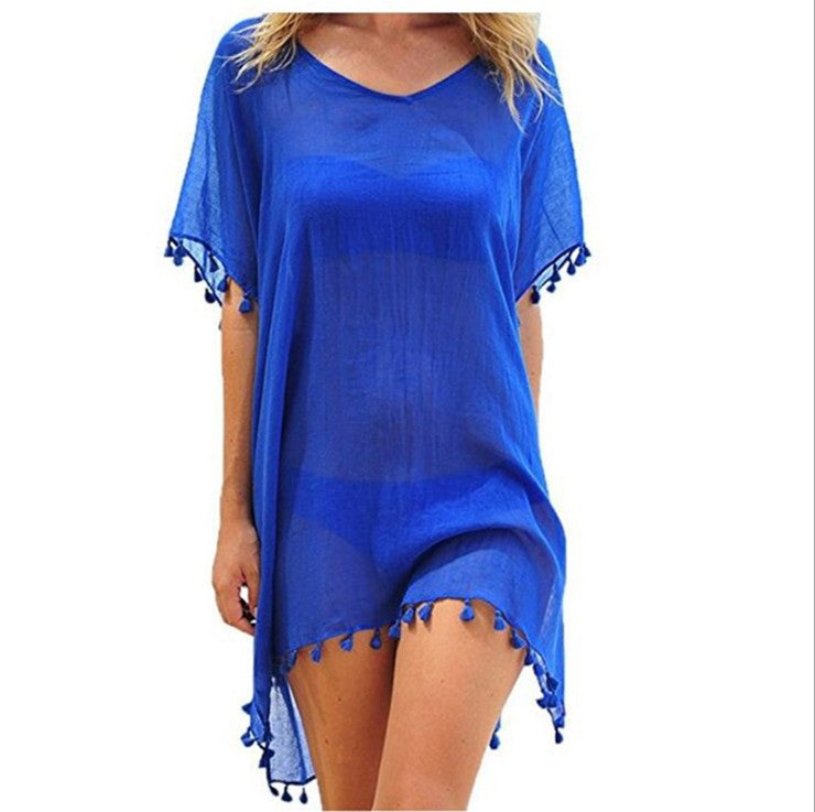 Crewneck Chiffon Fringed Dress Loose Fit Beach Blouse