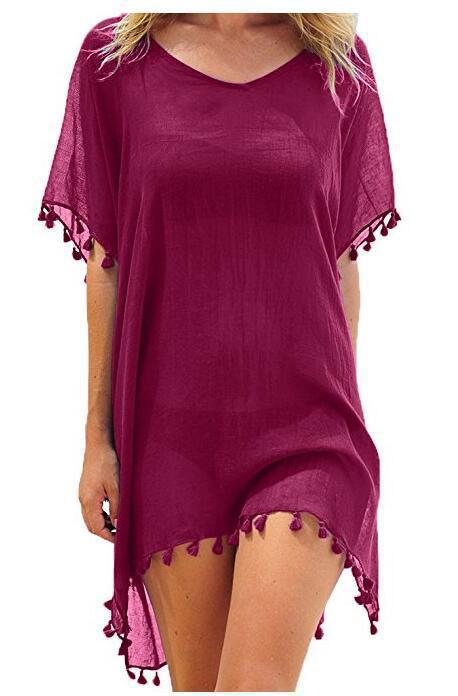 Crewneck Chiffon Fringed Dress Loose Fit Beach Blouse