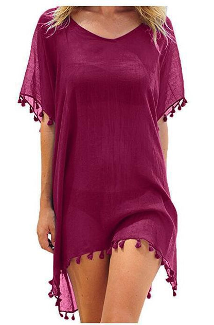 Crewneck Chiffon Fringed Dress Loose Fit Beach Blouse