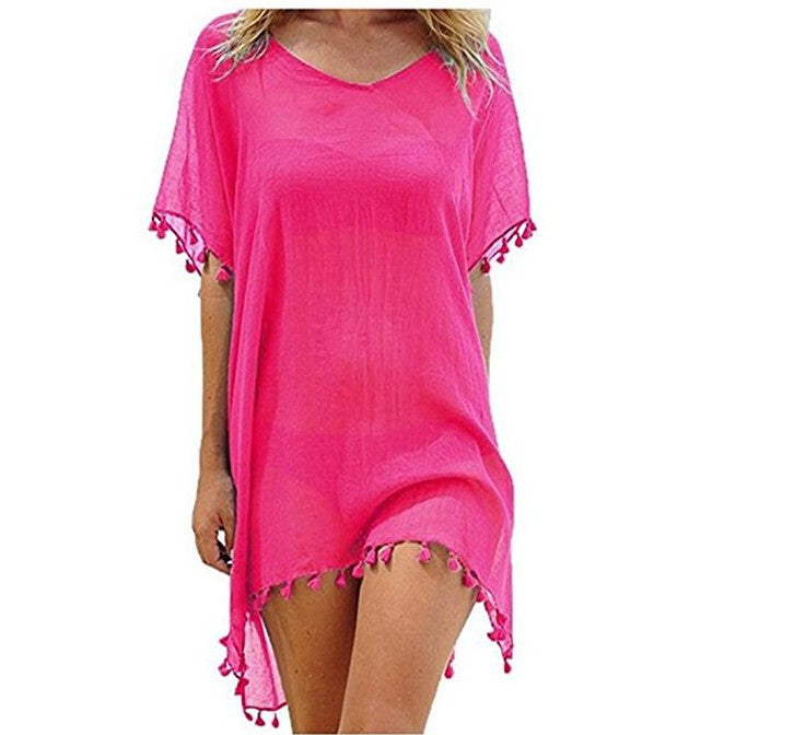 Crewneck Chiffon Fringed Dress Loose Fit Beach Blouse
