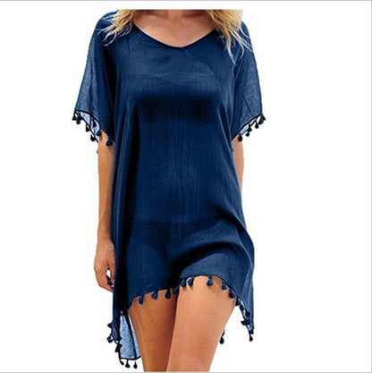 Crewneck Chiffon Fringed Dress Loose Fit Beach Blouse