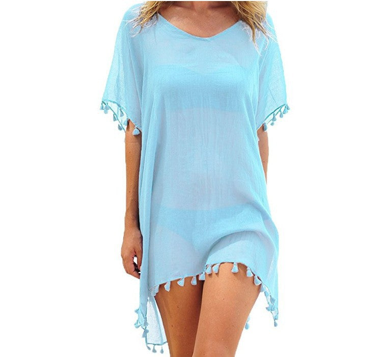 Crewneck Chiffon Fringed Dress Loose Fit Beach Blouse