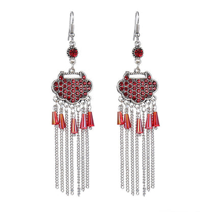 Creative Long Life Lock Retro Tassel Earrings Women'S Full Diamond Long Style Temperament Earrings