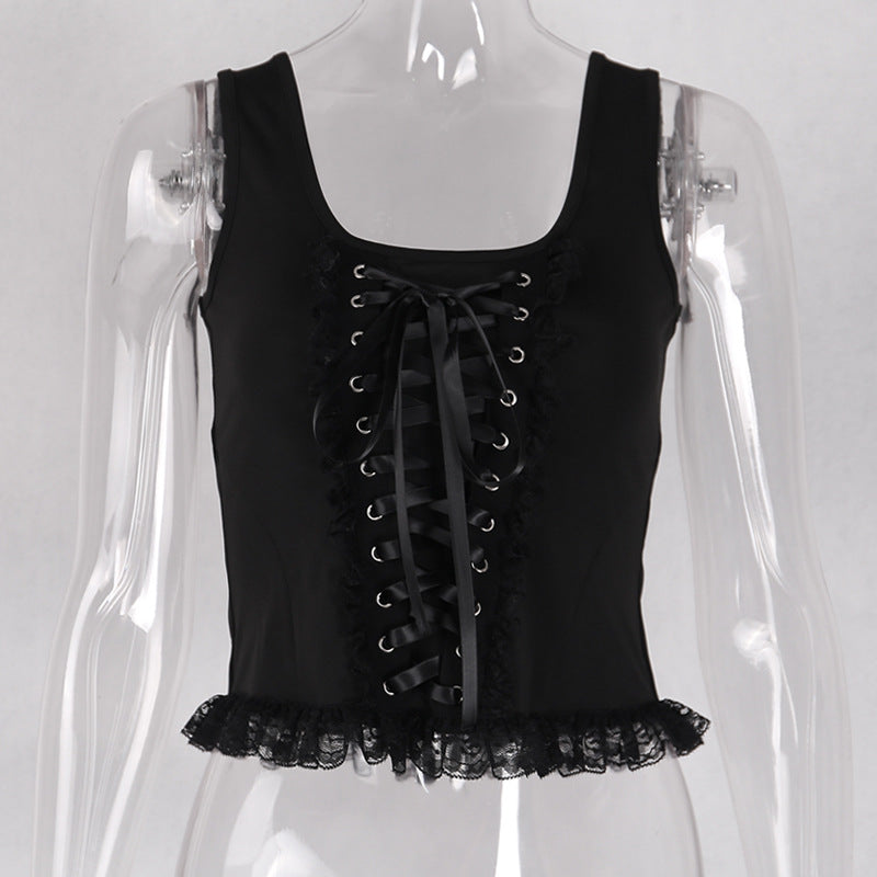 Summer Black Lace Trimmed Cami Top