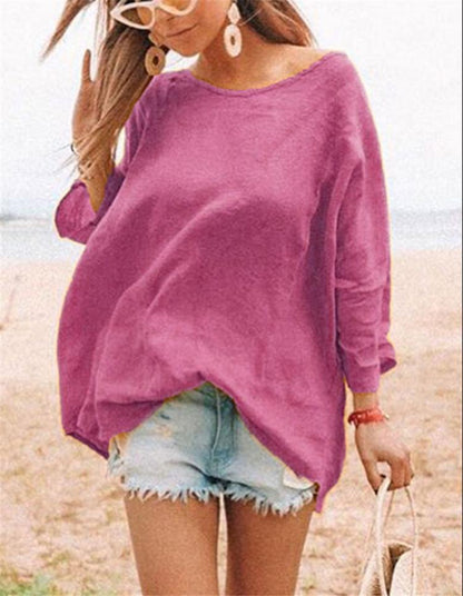 Crewneck Fashion Joker Loose Cotton Linen Shirt T-Shirt Women'S Clothing