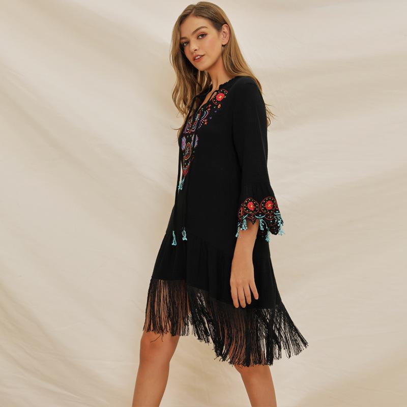 The Suzucial Stitched V-Neck Horn Sleeve National Embroidered Bohmian Dress.