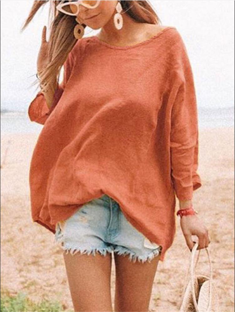 Crewneck Fashion Joker Loose Cotton Linen Shirt T-Shirt Women'S Clothing