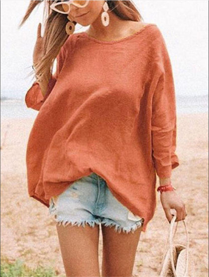 Crewneck Fashion Joker Loose Cotton Linen Shirt T-Shirt Women'S Clothing