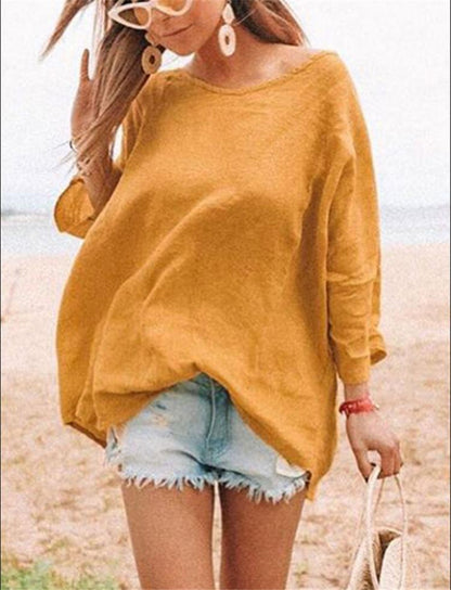 Crewneck Fashion Joker Loose Cotton Linen Shirt T-Shirt Women'S Clothing