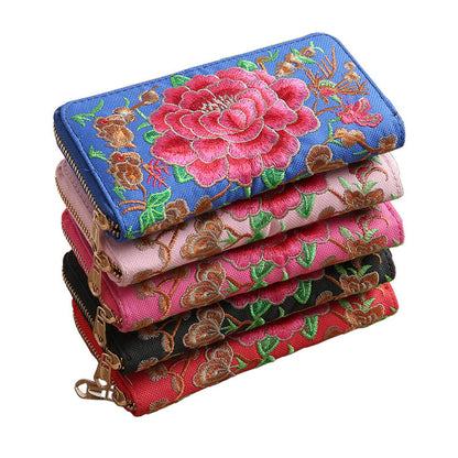 Ethnic Style Purse Single Female Handbag Embroidered Roses Large-Capacity Card Bag With Mobile Phone Bag