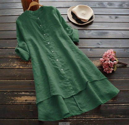 Summer Women'S Solid Button Cotton Linen Long Sleeve Long Shirt Dress