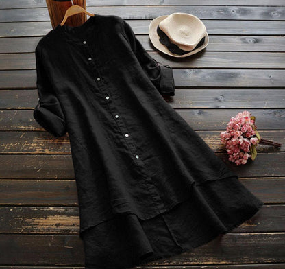 Summer Women'S Solid Button Cotton Linen Long Sleeve Long Shirt Dress