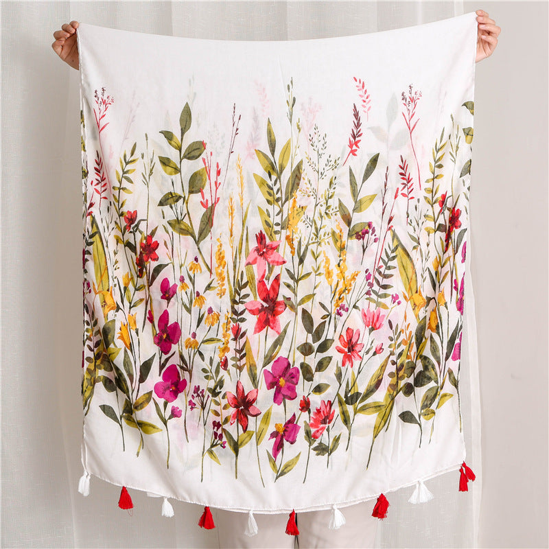 Retro Flowers Cotton And Linen Tassel Scarf, Silk Scarf Shawl, Women'S National Wind Beach