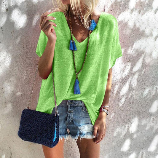 Summer Candy-Colored Large Size Loose V Neck Short-Sleeved T-Shirt Female