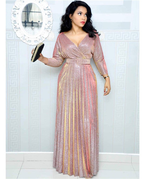 Women'S Fashion Long Sleeve Foil Gold Pleated Pleated Skirt With Belt Glitter Fabric