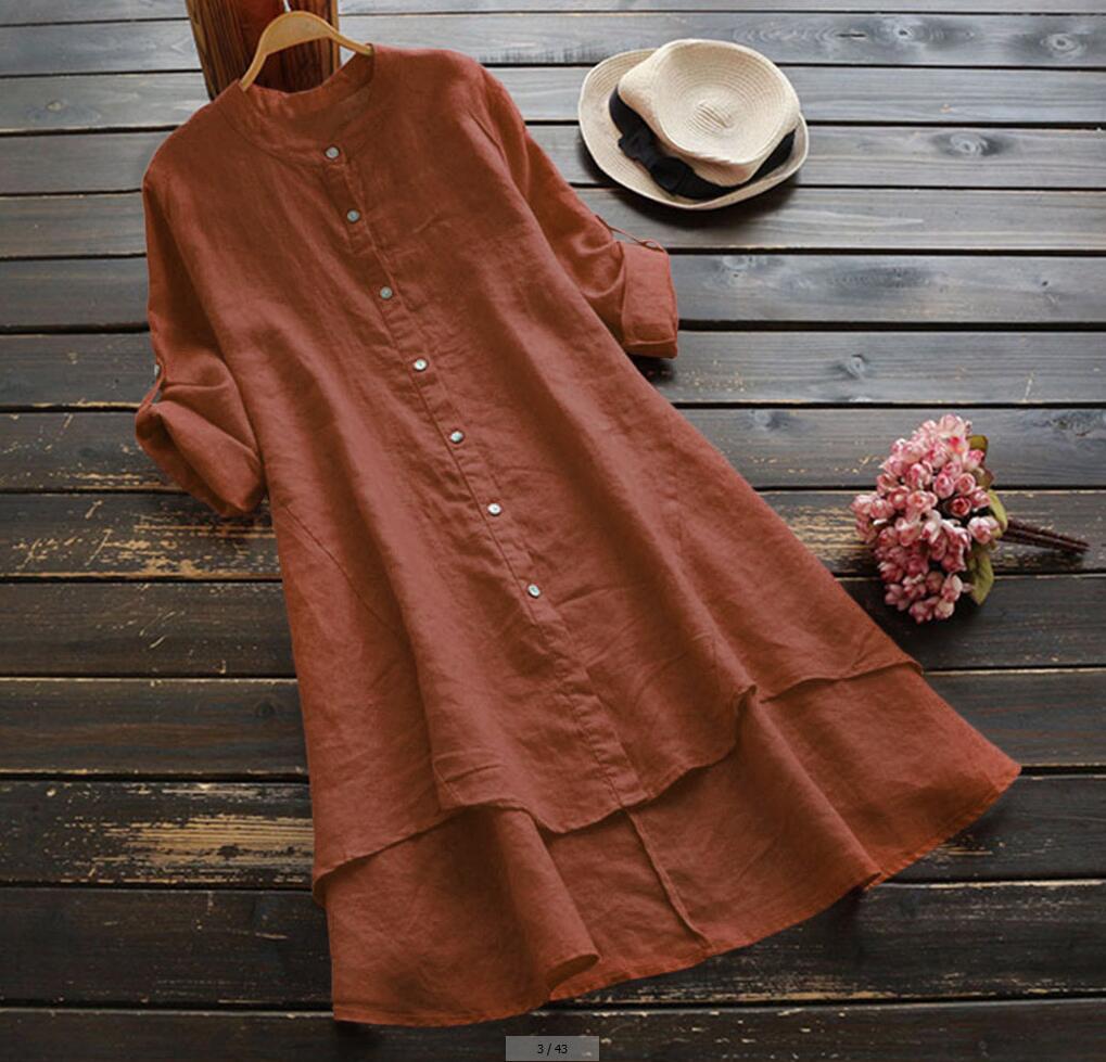 Summer Women'S Solid Button Cotton Linen Long Sleeve Long Shirt Dress